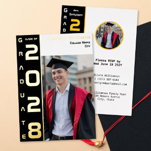 Invitación Con Relieve Metalizado Foto de graduación Amarillo Negro Blanco Dorado