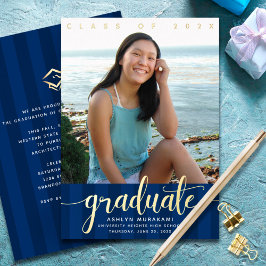 Invitación Con Relieve Metalizado Foto de graduación azul marino con letra moderna y