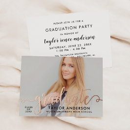 Invitación Con Relieve Metalizado Foto de graduación con guión moderno de oro rosa g