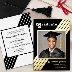 Invitación Con Relieve Metalizado Foto de Graduación con Rayas Retro Negras y Dorada