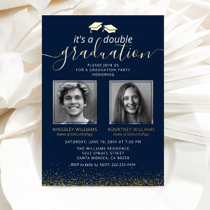 Invitación Con Relieve Metalizado Foto de graduación conjunta elegante Navy Gold