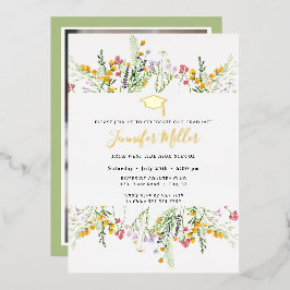 Invitación Con Relieve Metalizado Foto de graduación de flores silvestres de oro en 
