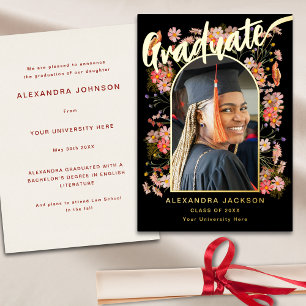 Invitación Con Relieve Metalizado Foto de graduación de flores silvestres modernas L