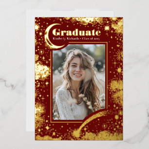 Invitación Con Relieve Metalizado Foto de graduación de luna y estrellas celestes Gr