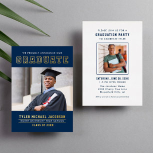 Invitación Con Relieve Metalizado Foto de graduación de oro de la Marina Varsity Fie