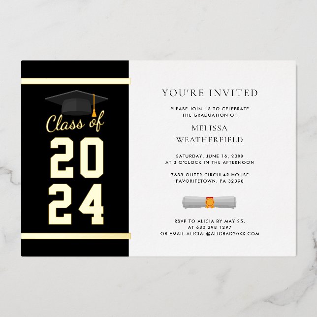 Invitación Con Relieve Metalizado Foto de graduación de oro moderno 2025 (Anverso)