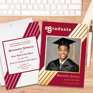 Invitación Con Relieve Metalizado Foto de graduación de raya retro Burgundy y oro
