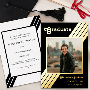 Invitación Con Relieve Metalizado Foto de Graduación de Raya Retro Negro y Dorado