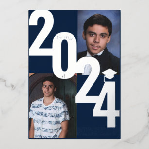Invitación Con Relieve Metalizado Foto de Graduación Metálica Plateada Real de 2024