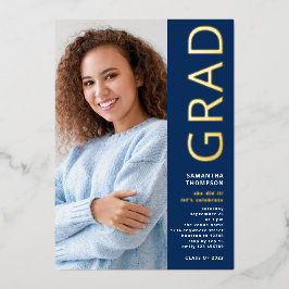 Invitación Con Relieve Metalizado Foto de graduación moderna graduado azul marino do
