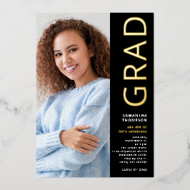 Invitación Con Relieve Metalizado Foto de graduación moderna graduado negro oro real