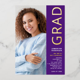Invitación Con Relieve Metalizado Foto de graduación moderna púrpura dorado real