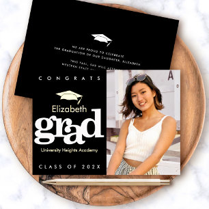 Invitación Con Relieve Metalizado Foto de graduación negra tipografía audaz oro real