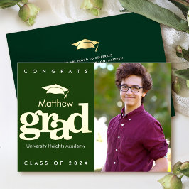Invitación Con Relieve Metalizado Foto de graduación verde moderna negrita mayúscula