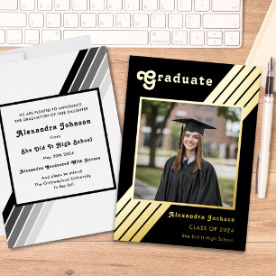 Invitación Con Relieve Metalizado Foto de graduada retro groovy en negro y dorado