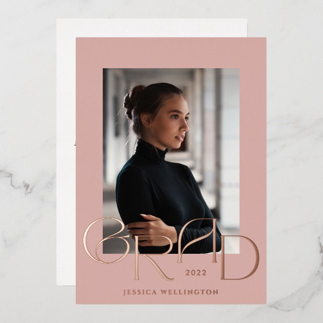 Invitación Con Relieve Metalizado Foto de graduado en tiopgrafía de Art Deco rosa cl (Anverso/Reverso)