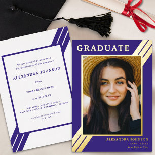 Invitación Con Relieve Metalizado Foto de Graduado Moderno Azul y Dorado