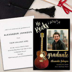 Invitación Con Relieve Metalizado Foto de Graduado Moderno Guitarra Música Negro y D