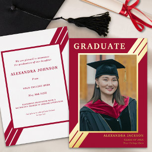 Invitación Con Relieve Metalizado Foto de Graduado Moderno Rojo Dorado