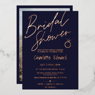 Invitación Con Relieve Metalizado Foto de guión moderno anillo de ducha de novia oro