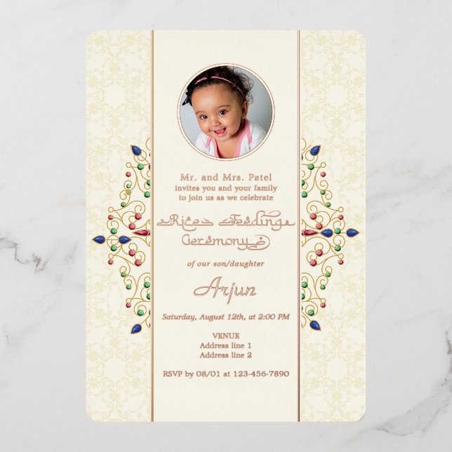 Invitación Con Relieve Metalizado Foto de la primera ceremonia de arroz Annaprashan  (Anverso)