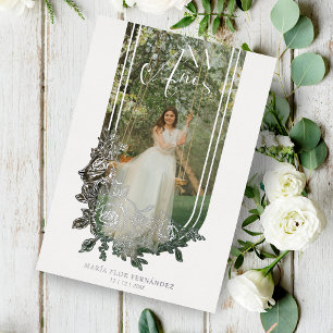Invitación Con Relieve Metalizado Foto de lujo española plateada Mis XV Floral de mo