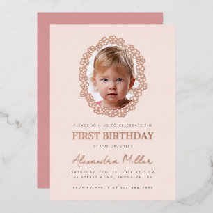 Invitación Con Relieve Metalizado Foto de niña en marco floral Rosa Cumpleaños prime