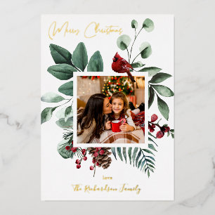 Invitación Con Relieve Metalizado Foto de Pájaro Cardenal y Pino Feliz Navidad