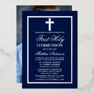 Invitación Con Relieve Metalizado Foto de Primera Comunión Cruz Azul Marino Plata
