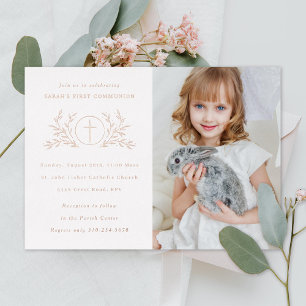 Invitación Con Relieve Metalizado Foto de Primera Comunión Eucaristía Rosa Dorado