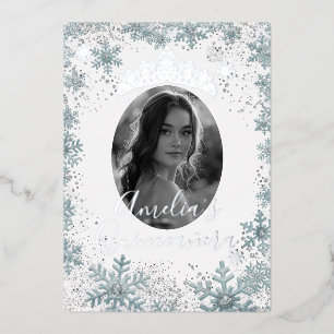 Invitación Con Relieve Metalizado Foto de Quinceañera Copo de Nieve Azul Plateado