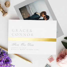Invitación Con Relieve Metalizado Foto de Save The Date de raya dorada blanca gris c