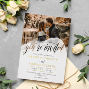Invitación Con Relieve Metalizado Foto de superposición de gasa QR Boda informal Dor