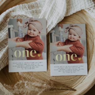 Invitación Con Relieve Metalizado Foto de un corazón para el primer cumpleaños en or