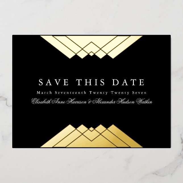 Invitación Con Relieve Metalizado Foto Deco Oro Geométrico Negro Guardar la fecha (Anverso)