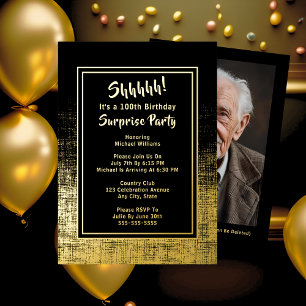 Invitación Con Relieve Metalizado Foto del 100 cumpleaños sorpresa en dorado y negro