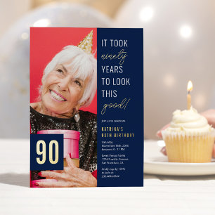 Invitación Con Relieve Metalizado Foto del 90 cumpleaños