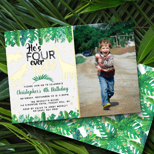 Invitación Con Relieve Metalizado Foto del cuarto cumpleaños de Four Ever Wild Dinos