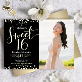 Invitación Con Relieve Metalizado Foto dulce 16 cumpleaños oro real negro moderno