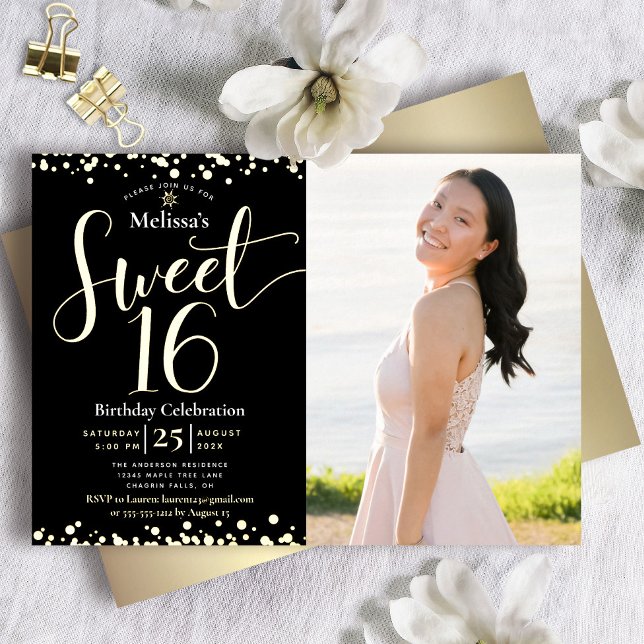 Invitación Con Relieve Metalizado Foto dulce 16 cumpleaños oro real negro moderno (Subido por el creador)