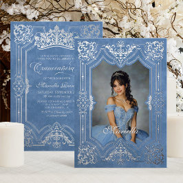 Invitación Con Relieve Metalizado Foto Elegante Corona Azul Tiara Royal Quinceanera
