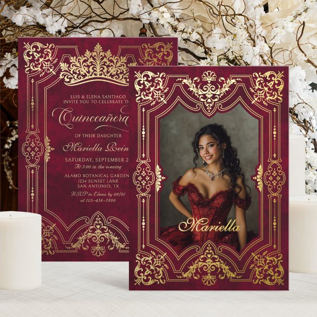 Invitación Con Relieve Metalizado Foto Elegante Corona Roja Tiara Royal Quinceanera (Subido por el creador)