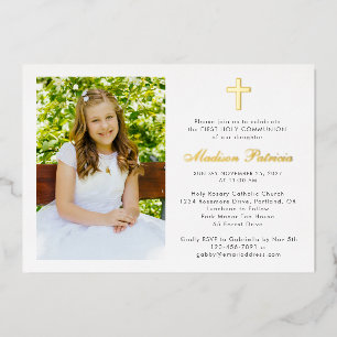 Invitación Con Relieve Metalizado Foto elegante de Primera Comunión con oro real