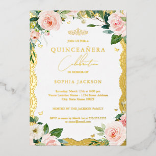 Invitación Con Relieve Metalizado Foto Elegante Dorado Lace Floral Rosa Quinceanera