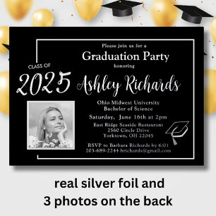 Invitación Con Relieve Metalizado Foto Elegante Partido de Graduación Blanco Negro R