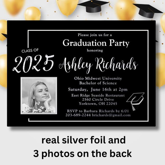 Invitación Con Relieve Metalizado Foto Elegante Partido de Graduación Blanco Negro R (Subido por el creador)