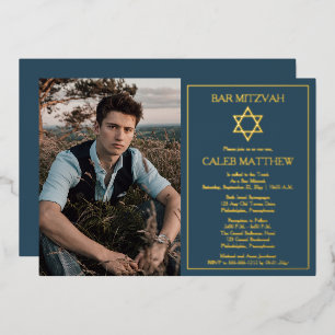 Invitación Con Relieve Metalizado Foto Estrella de David Bar Mitzvah Azul Oscuro