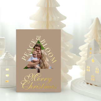 Invitación Con Relieve Metalizado Foto familiar árbol de pino letra taupe dorado rea