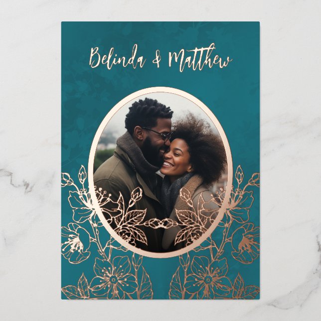 Invitación Con Relieve Metalizado Foto Floral Line Art Rosa Gold Boda (Anverso)