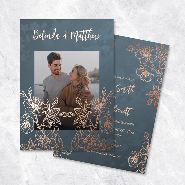 Invitación Con Relieve Metalizado Foto Floral Line Art Rosa Gold Boda (Subido por el creador)